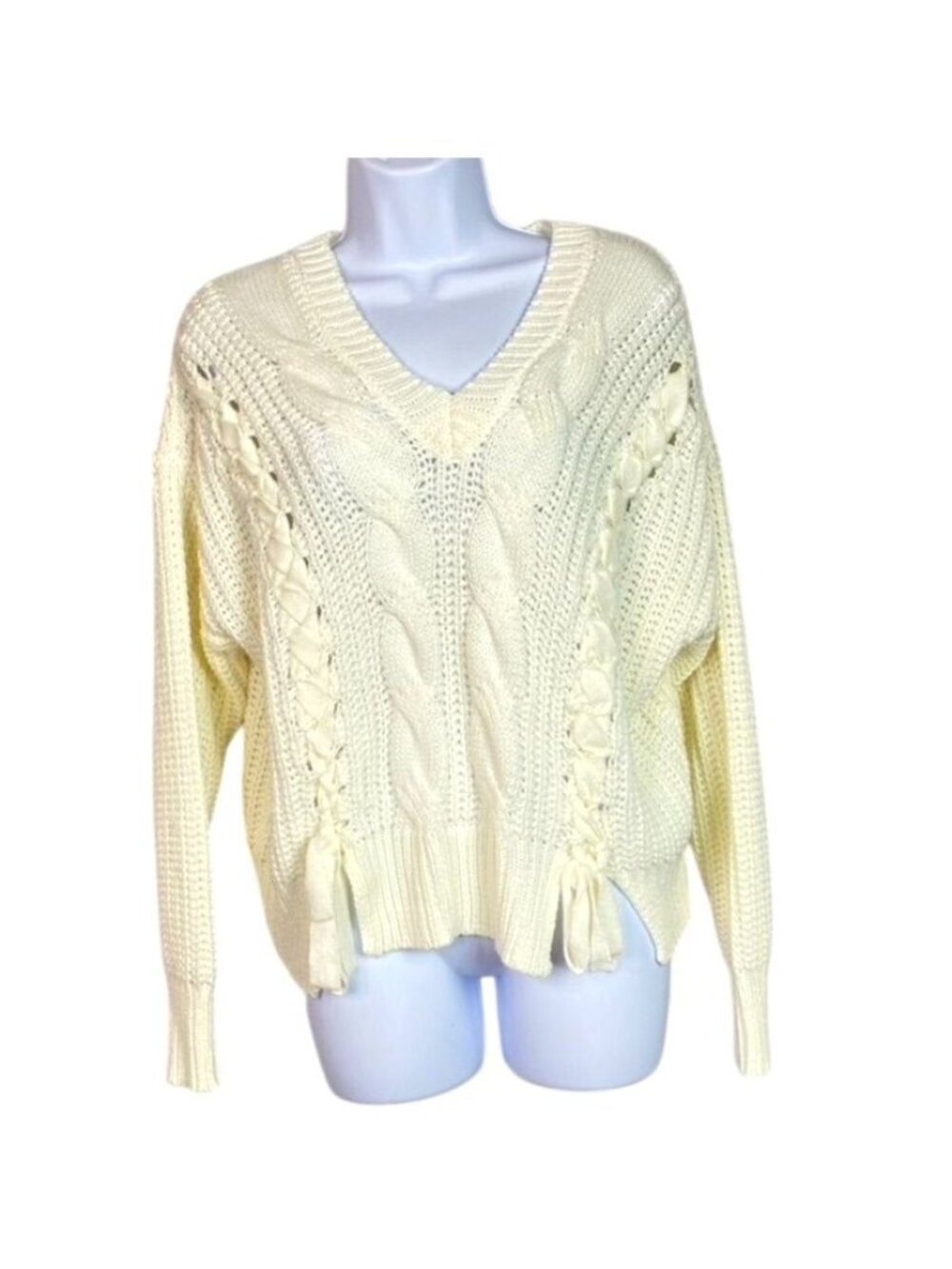 Chunky Knit Cream Cable Knit Sweater V Neck with Lace-Up Side Details